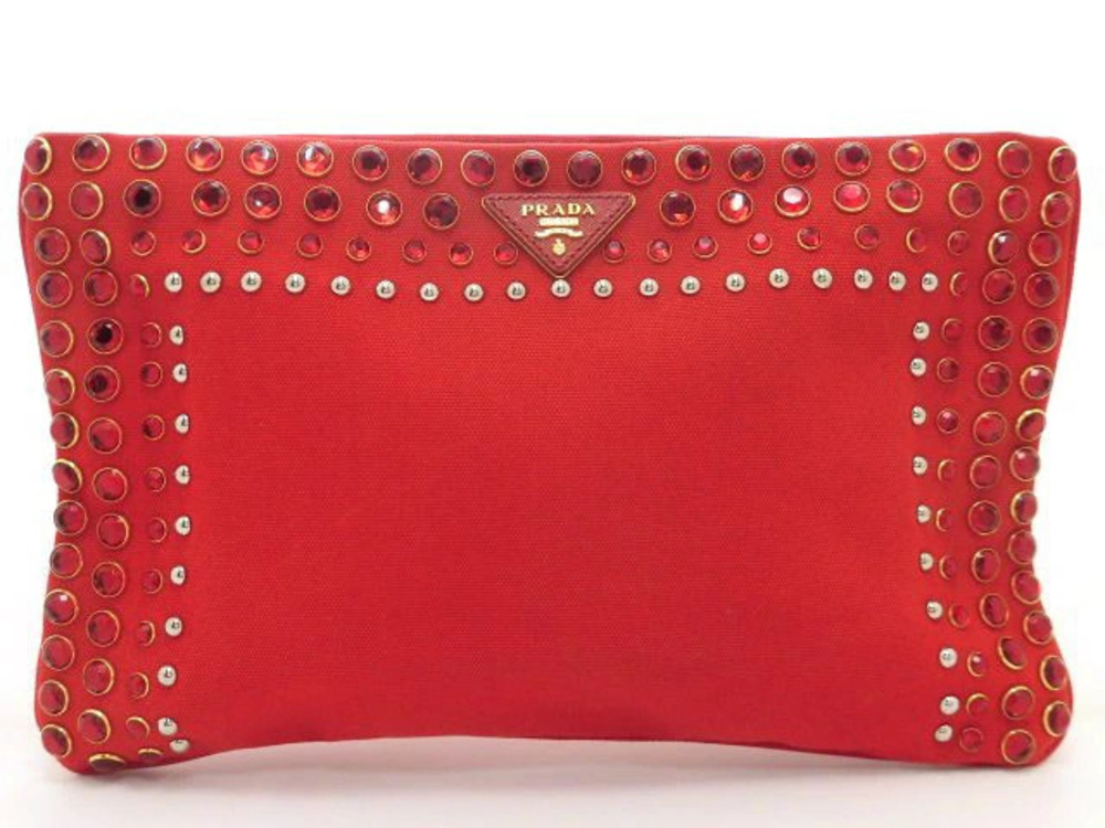 Prada Jewel Studded Clutch Bag Canvas Red